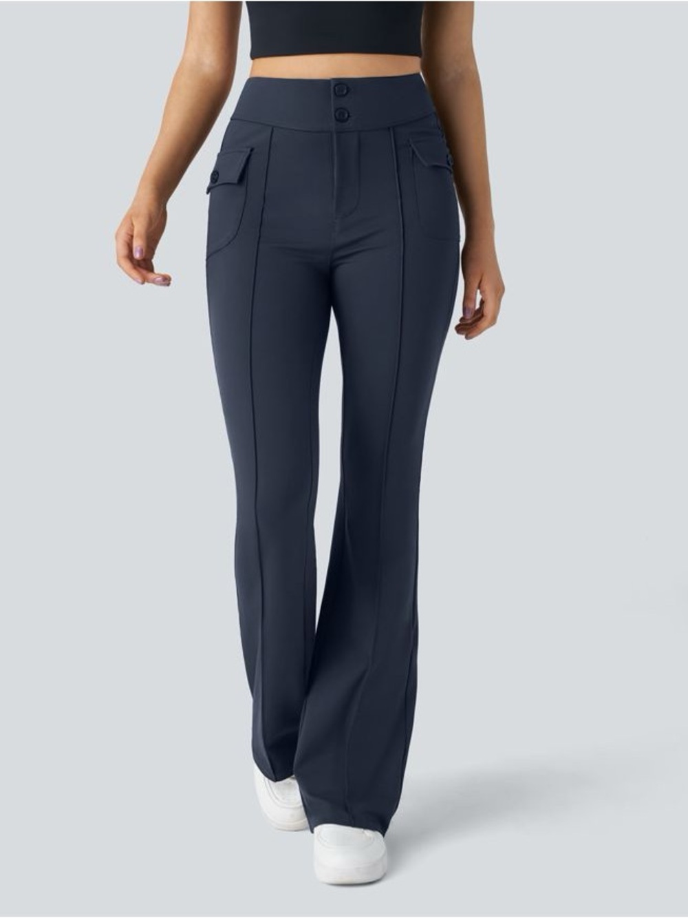 Halara High Waisted Side Flap Pocket Flare Casual Cargo Pants in Midnight Blue.